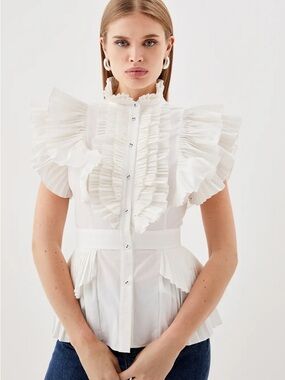 Karen Millen Sleeveless Pleated White Ruffle Detail Blouse sz 8